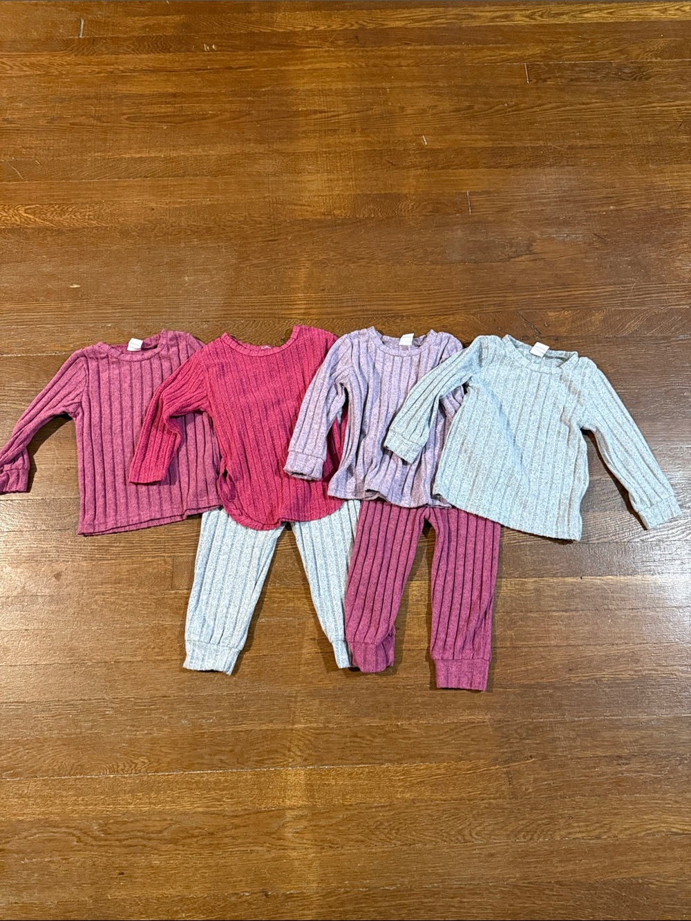 Kids Ribbed Two-Piece Pajama Set - Pink, Mauve & Light Gray